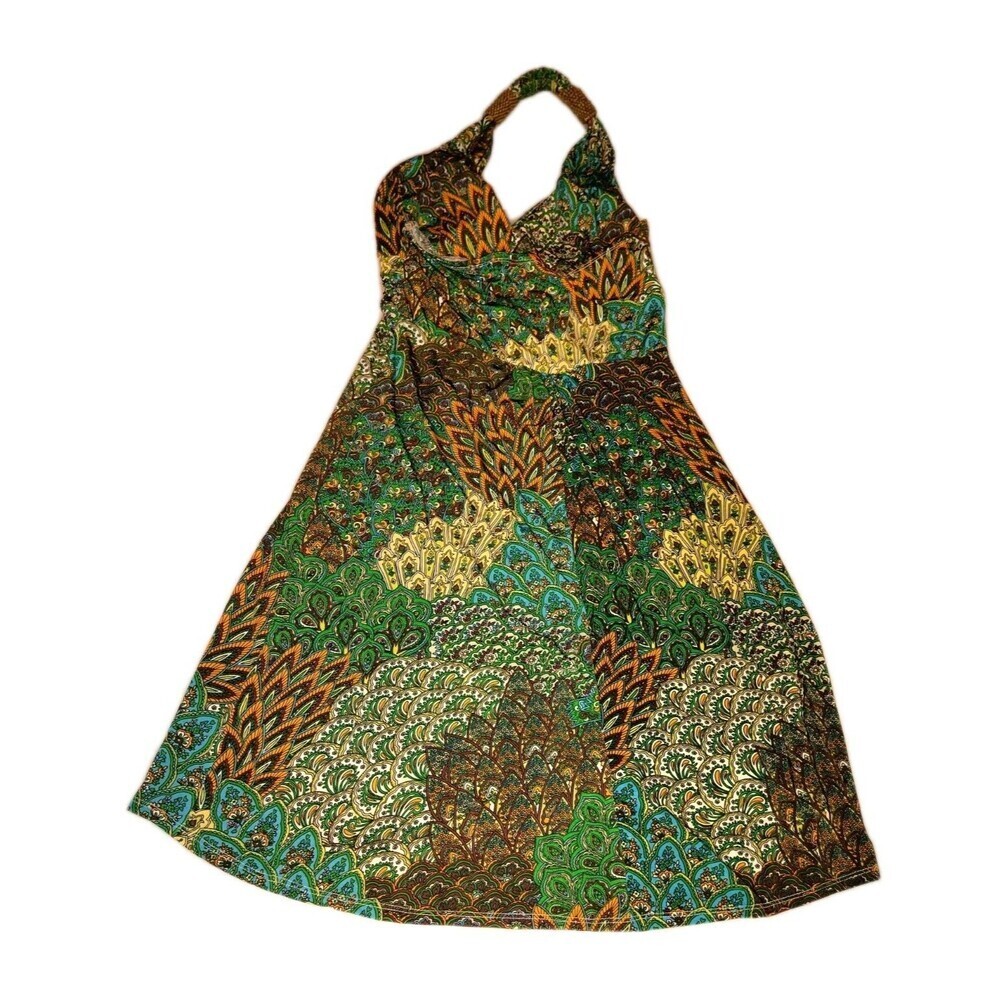 Cristinalove Peacock Paisley Halter Mini Dress Green Brown Boho Small - Picture 10 of 13